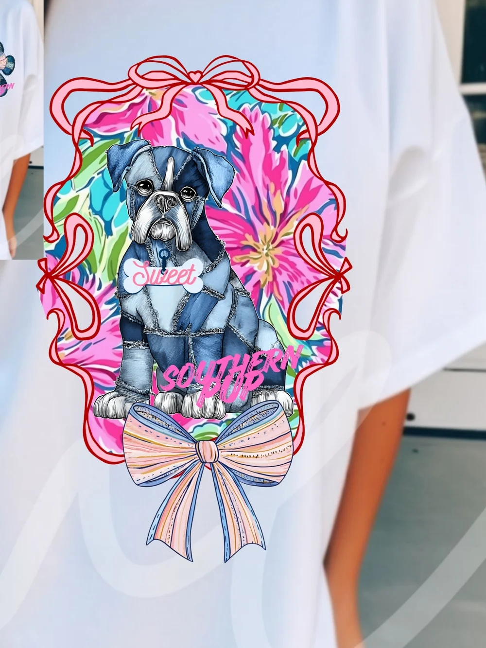 Gildan White Tee with Denim Patch Paw & Pastel Bow - Picture 7 of 16